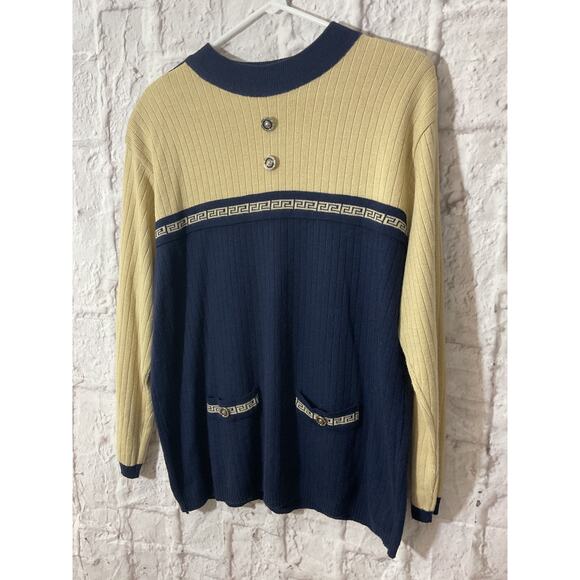 Vintage Adolfo Collectibles XL Wool Blend Blue & Tan Sweater - Picture 1 of 6